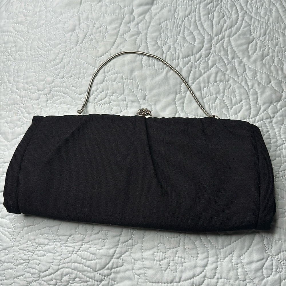 🎀1950s elegant black evening clutch crystal kiss lock, clap and snake chain